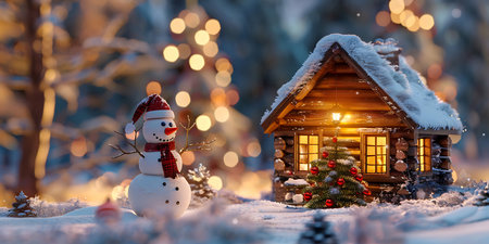 Wooden house with snowman and Christmas tree background, Happy Christmas Day - Ai Generatedの素材