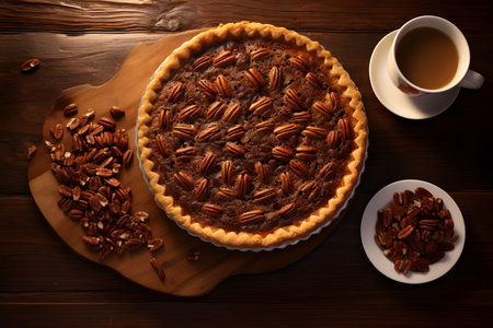Autumn Traditional Delicious Pecan Pie Slices For Thanksgiving Day On a Background - Ai Generatedの素材