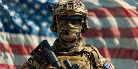 Soldier in front of a flag of the USA background - Ai Generatedの素材