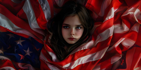 Cute girl wrapped in American flag background - Ai Generatedの素材