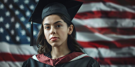 Young woman wearing graduation cap and ceremony robe holding USA flag background - Ai Generatedの素材