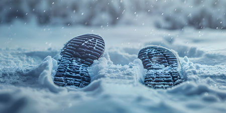 Footprints from snow boots background, Winter Season - Ai Generatedの素材