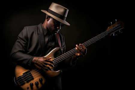 American musician playing on electric bass guitar on black background - Ai Generatedの素材