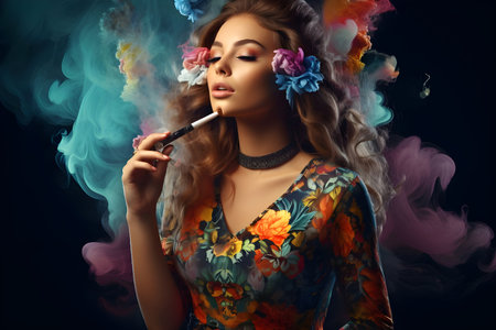 Beautiful young woman smoking cigarette over dark background - Ai Generatedの素材
