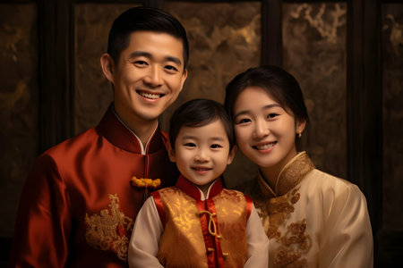 Happy asian family wearing traditional cheongsam and holding their son - Ai Generatedの素材