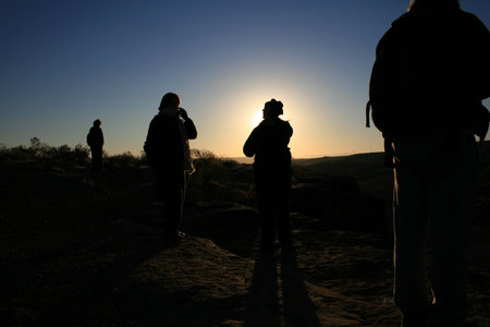 Hikers in the morning sunの写真素材