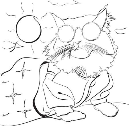 coloring draw, The cat comes out of the blanket to bask in the hot sunny dayのイラスト素材