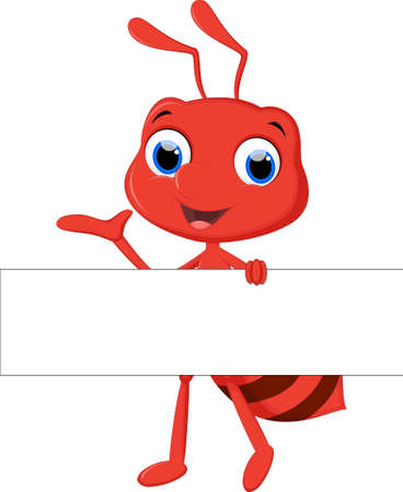 cute ant cartoon posing with blank signのイラスト素材