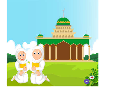 Two Muslim Woman with Hugging a Book with mosque bacgroundのイラスト素材