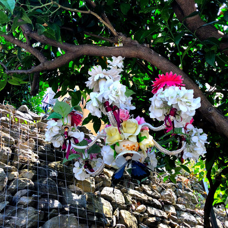 Flower Chandelier in a Gardenの写真素材