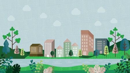 Vector illustration in simple minimal geometric flat style - city landscape with buildings, hills and trees, good for bannerのイラスト素材