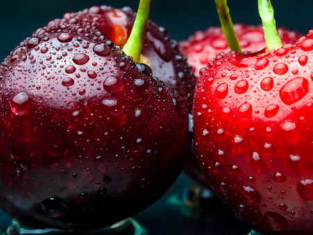 Macro photo of red cherries with water droplets.