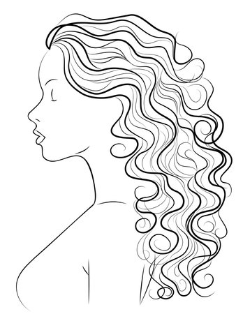 A drawing of a woman on a white background, with long curly hair. Black lines, line art style.のイラスト素材