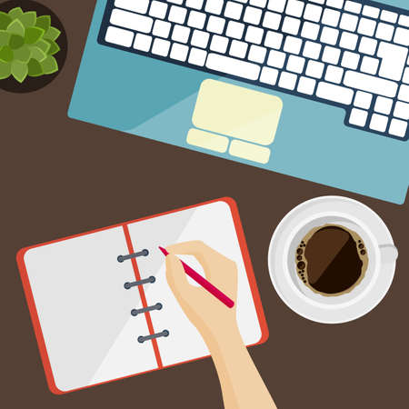 Part of keyboard, notepad and cup of coffee in flat design, vectorのイラスト素材
