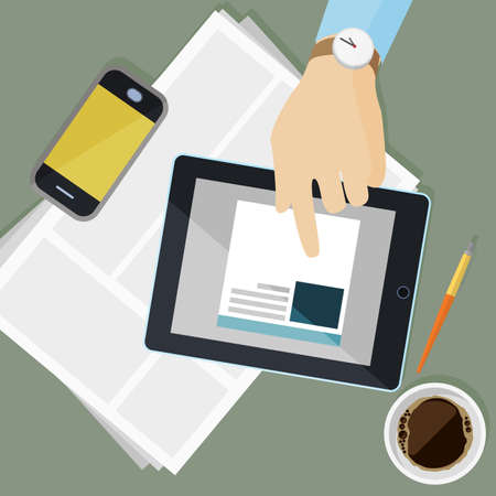 Workplace with electronic devices and chancellery in flat design, vectorのイラスト素材