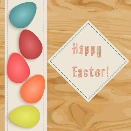 Colorful  postcard for Easter holidays. Eggs on wooden surface with napkinのイラスト素材