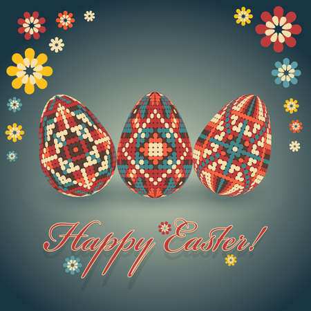 Colorful  postcard for Easter holidays in flat design. Eggs with ornaments and flowers on backのイラスト素材
