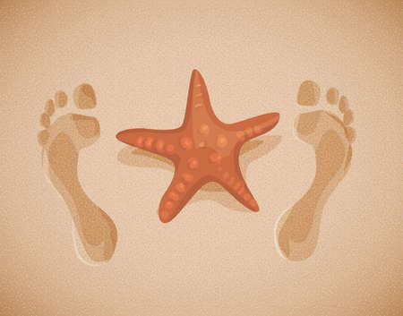 Image of sand with wet traces of feet and sea star in flat designのイラスト素材