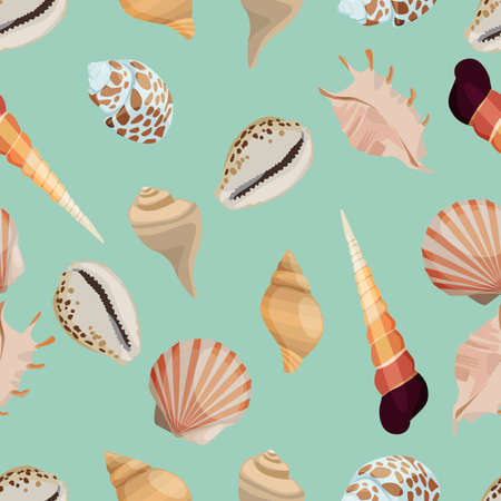 Seamless Colorful Background with simple silhouettes of different sea shells in flat designのイラスト素材
