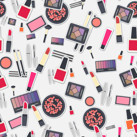 Seamless colorful background made of different kind of cosmetics in flat designのイラスト素材