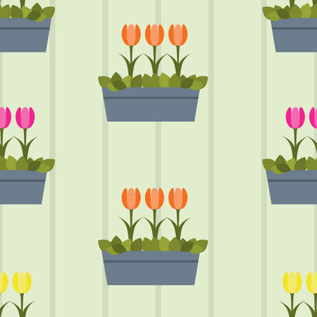 Seamless colorful background made of tulips in pots in flat designのイラスト素材