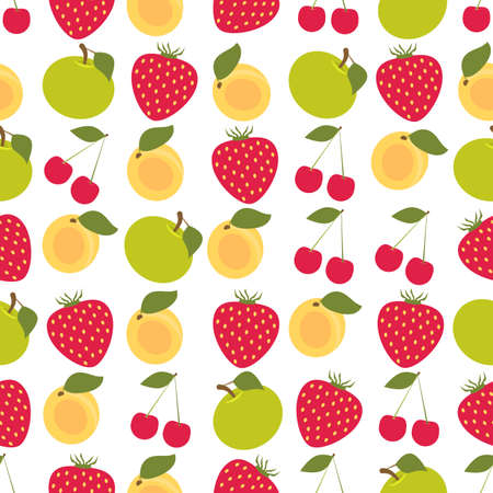 Seamless colorful background made of fruits and berries such as apple,  apricot, cherry and strawberry  in flat designのイラスト素材