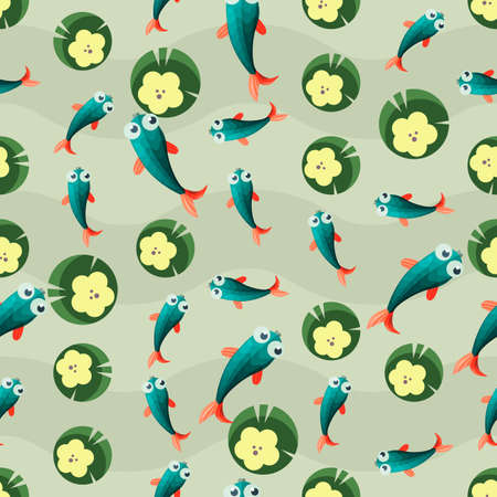 Seamless colorful background made of whitebaits and water lilies  in flat designのイラスト素材