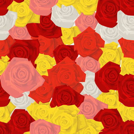 Seamless colorful background made of  different roses in flat simple designのイラスト素材