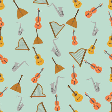 Seamless colorful background made of  music instruments in flat simple designのイラスト素材