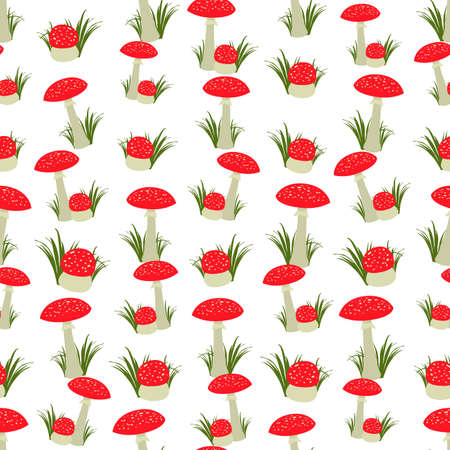 Seamless colorful background made of  red fly agaric in flat designのイラスト素材