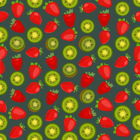 Seamless colorful background made of strawberry and kiwi in flat designのイラスト素材