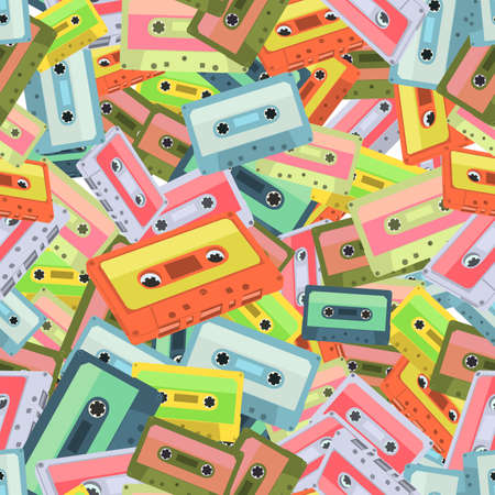 Seamless colorful background made of audio tapes in flat designのイラスト素材