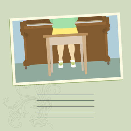 Image of frame with part of piano and a girl and background with place for text in flat designのイラスト素材