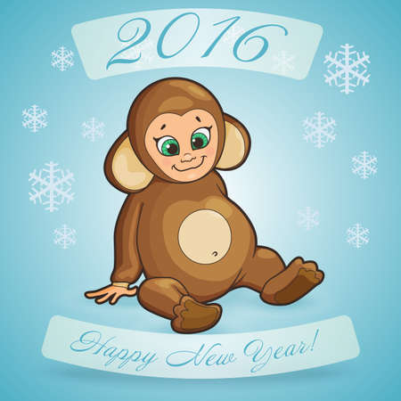 Postcard for Holiday Happy New Year with cartoon of a cute baby dressed like monkeyのイラスト素材