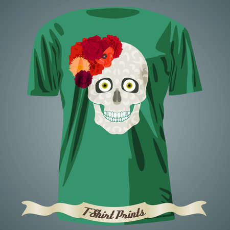 T-shirt design with abstract skull with red flowersのイラスト素材