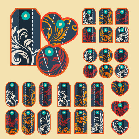 Collection of colorful tags with ornate pattern with main dark blue color with  removable holesのイラスト素材