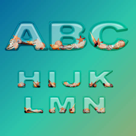 Alphabet stylized glass filled with sea shellsのイラスト素材