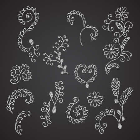 Collection of hand drown floral elements imitating chalk on black chalkboardのイラスト素材