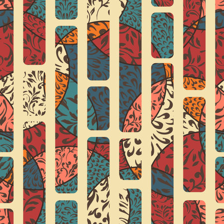 Seamless colorful background with geometric shapes filled with ornate pattern