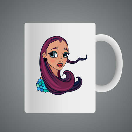 Cup design with Illustration of cartoon girl with purple hair and big eyesのイラスト素材