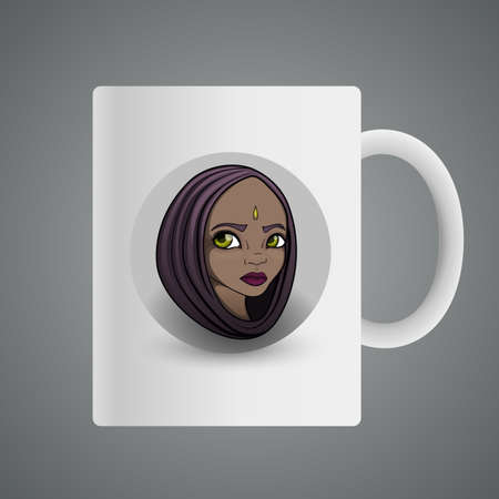 Cup design with Illustration of a cartoon girls head in cape with green eyes and drop on foreheadのイラスト素材