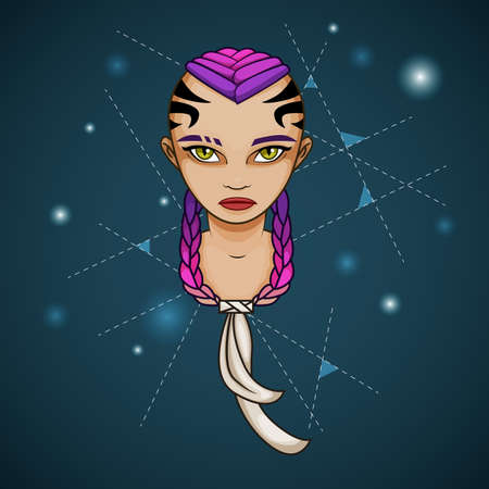 Illustration of cartoon girl with tattoo on head and colorful braided hairのイラスト素材