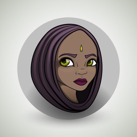 Illustration of a cartoon girl's head in cape with green eyes and drop on foreheadのイラスト素材