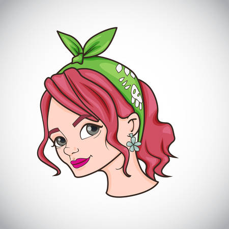 Cartoon with head of cute girl with red hair and bandanaのイラスト素材