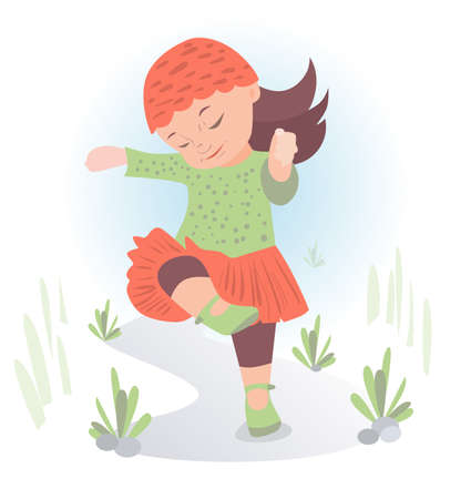 Little Girl in red hat playing or dancing on the roadのイラスト素材