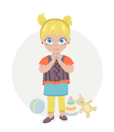 Little girl with big eyes that holding hands together, some toys on backgroundのイラスト素材