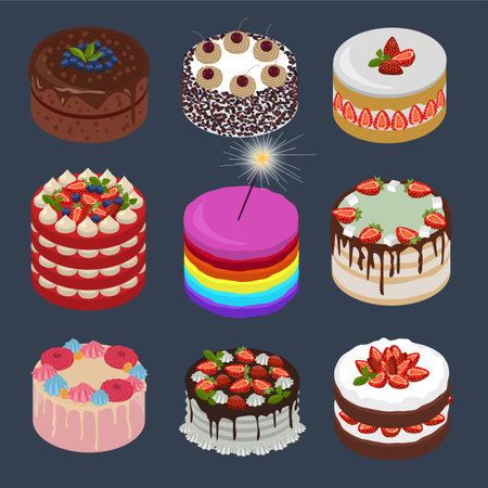 Collection of different cakes in isometric style. Cakes with strawberry, blueberries, blueberry,...