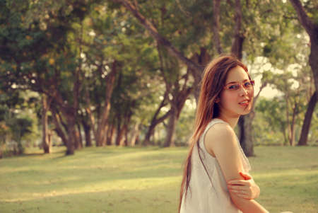 Smiling girl at parkの写真素材