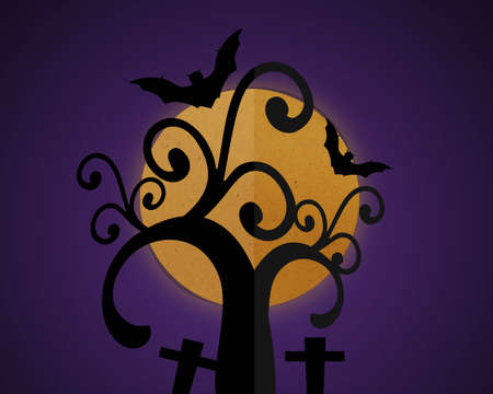 Halloween night sky background, Full moon and Shadow tree, Paper cut and paste.の写真素材