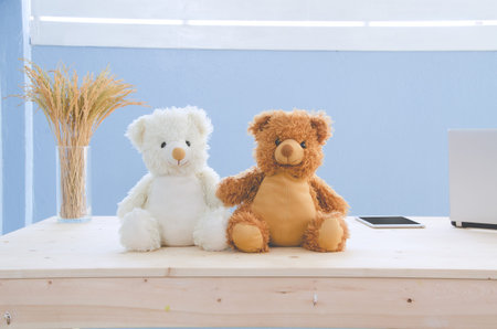 Office desk with two bear doll focus and Office equipment on background.